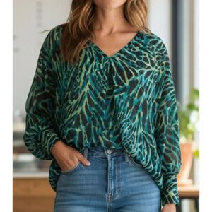 Marc Bouwer Semi Sheer Blouse Womens Size L Balloon Sleeve Vneck Green Abstract